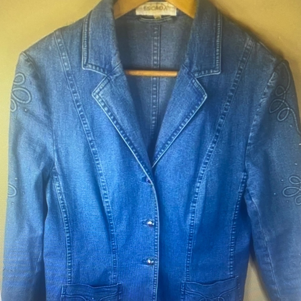 Escada Fitted Denim Blazer Jackets with Embroidery/Rhinestone Size 42 Blue US 12
